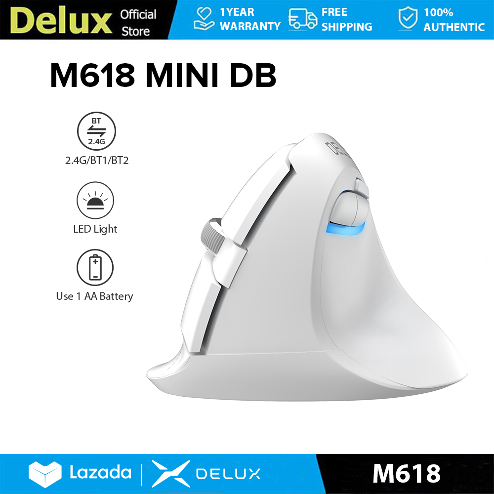 Delux M618 MINI DB Chuột Dọc Không Dây Tiện Dụng MAX 2400 Dpi 2.4G Bluetooth 6 Nút Có Đèn LED Nhấp Nháy Im Lặng Bàn Tay Nhỏ Quang Học Cho PC/Laptop/Windows/Mac Trắng