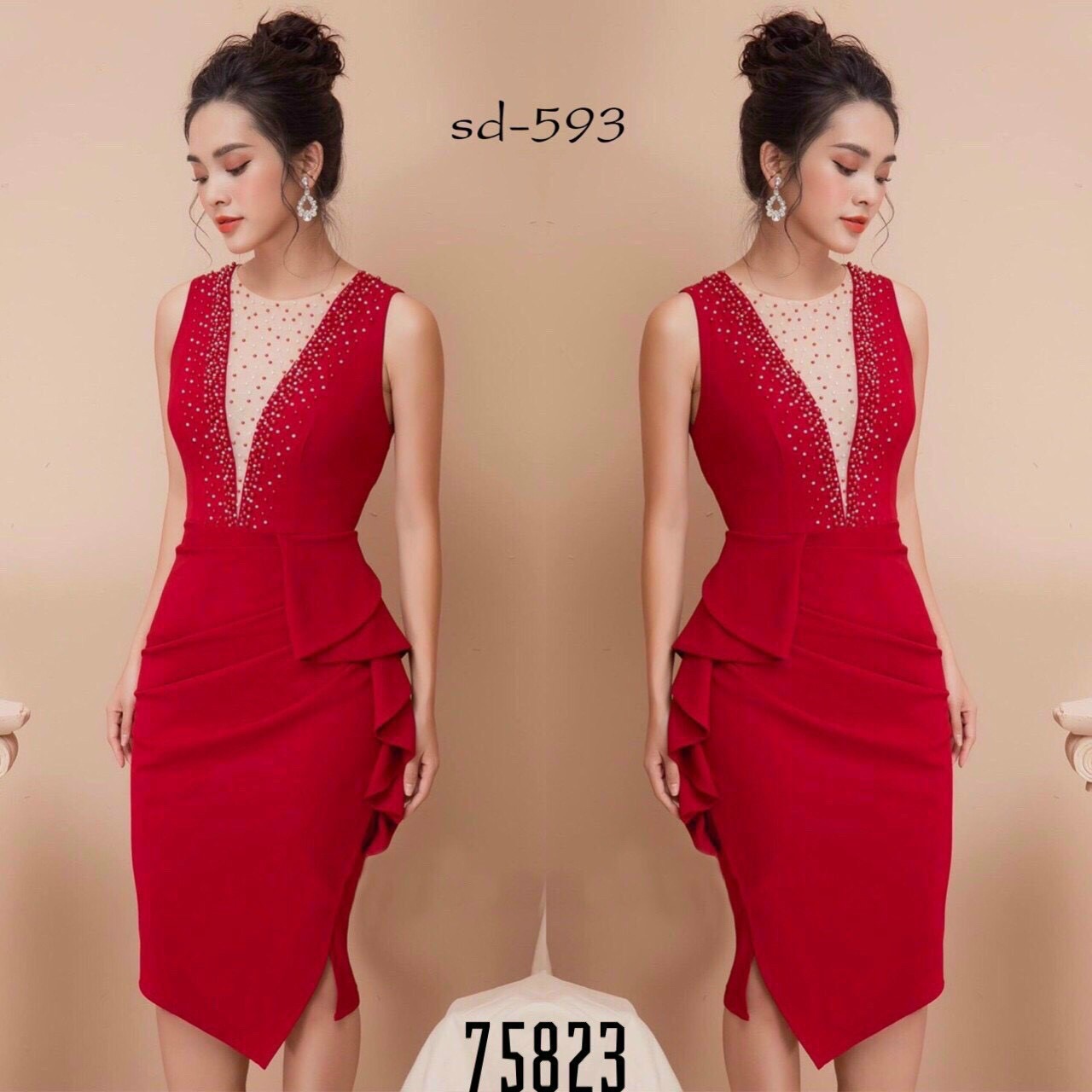 [HCM]Đầm body dự tiệc cổ V ép đá sang chảnh