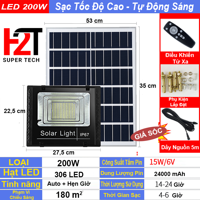 TẤM PIN TO - ĐÈN NĂNG LƯỢNG MẶT TRỜI 200W - IP67 - CHỐNG BỤI BẨN - CHỐNG THẤM NƯỚC - KHUNG NHỐM - SẠ