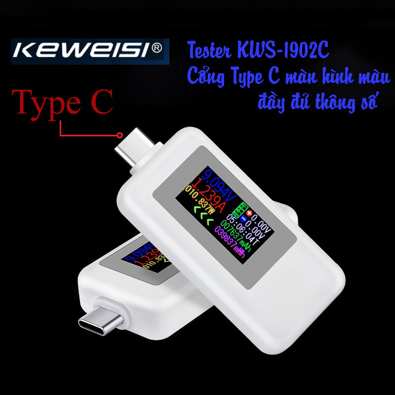 USB tester kiểm tra đo dòng điện, điện áp pin sạc cổng type C KWS-1902C