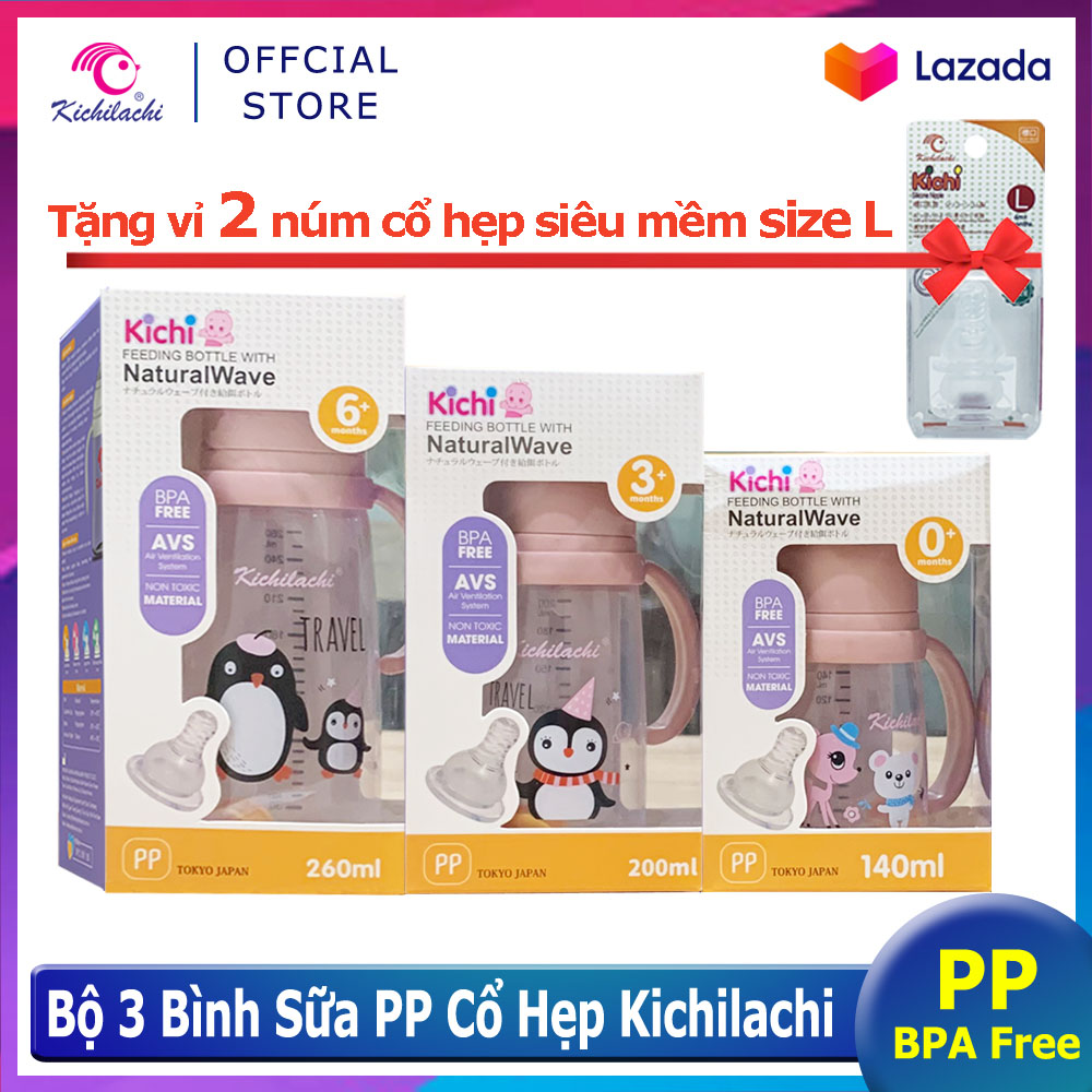 Bộ 3 Bình sữa PP cổ hẹp Kichilachi 140/200/260ml có quai cầm, chống đầy hơi an toàn không BPA