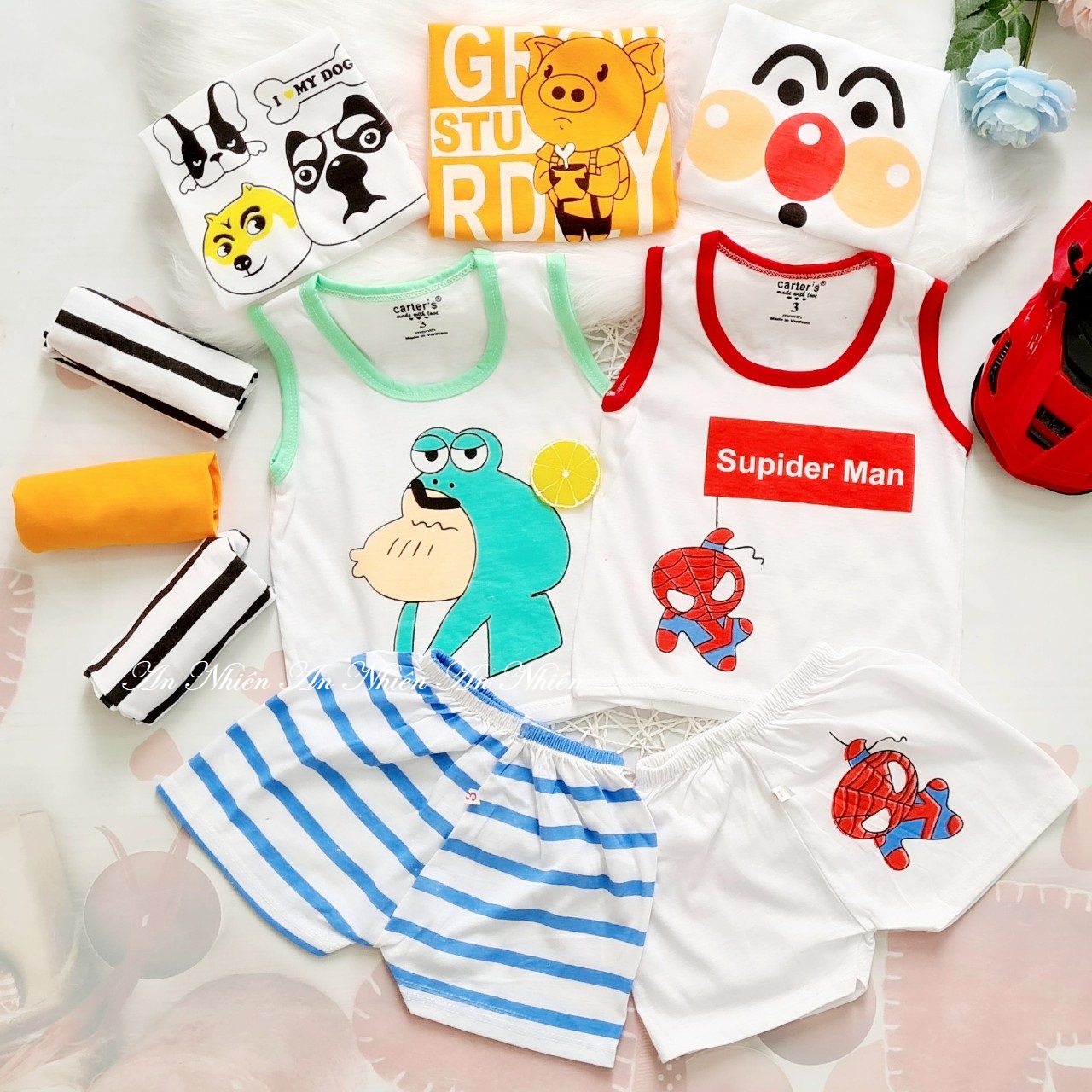 Combo 5 bộ quần đùi áo ba lỗ chất liệu cotton 2 chiều họa tiết Supider man, thú hoạt hình cho bé 3-14kg