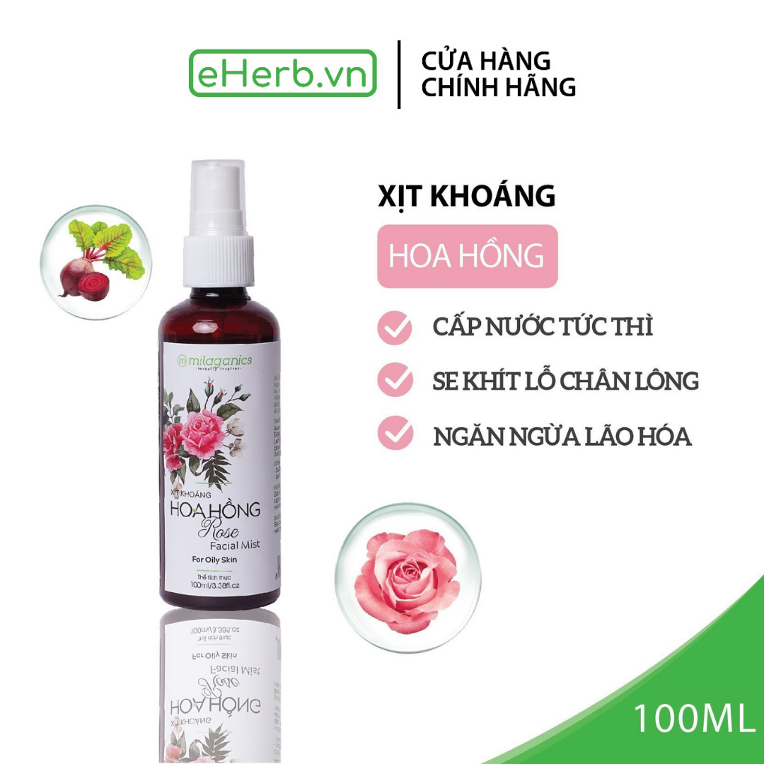 Xịt Khoáng Hoa Hồng Cấp Nước Tức Thì Làm Dịu Da & Cân Bằng Độ Ẩm MILAGANICS 100ml (Chai) - eHerb