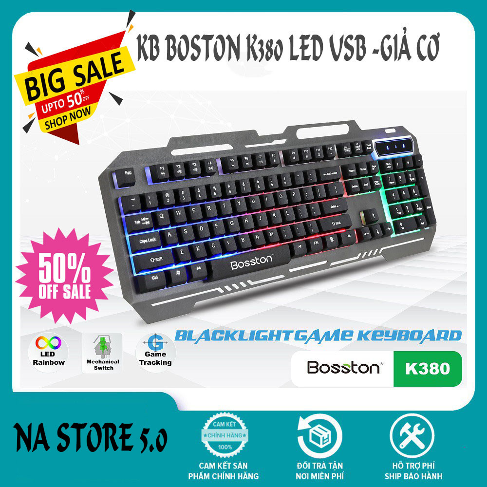 Bàn phím giả cơ chuyên game có led bosston k380 chính hãng, keyboard bosston k380 led usb giá rẻ, bàn phím chơi game cao cấp. lỗi 1 đổi 1