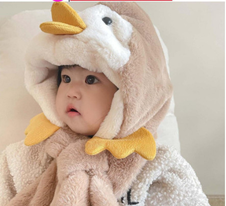 Mũ lông hình chú vịt con siêu ấm kèm khăn cho bé 1-3 tuổi