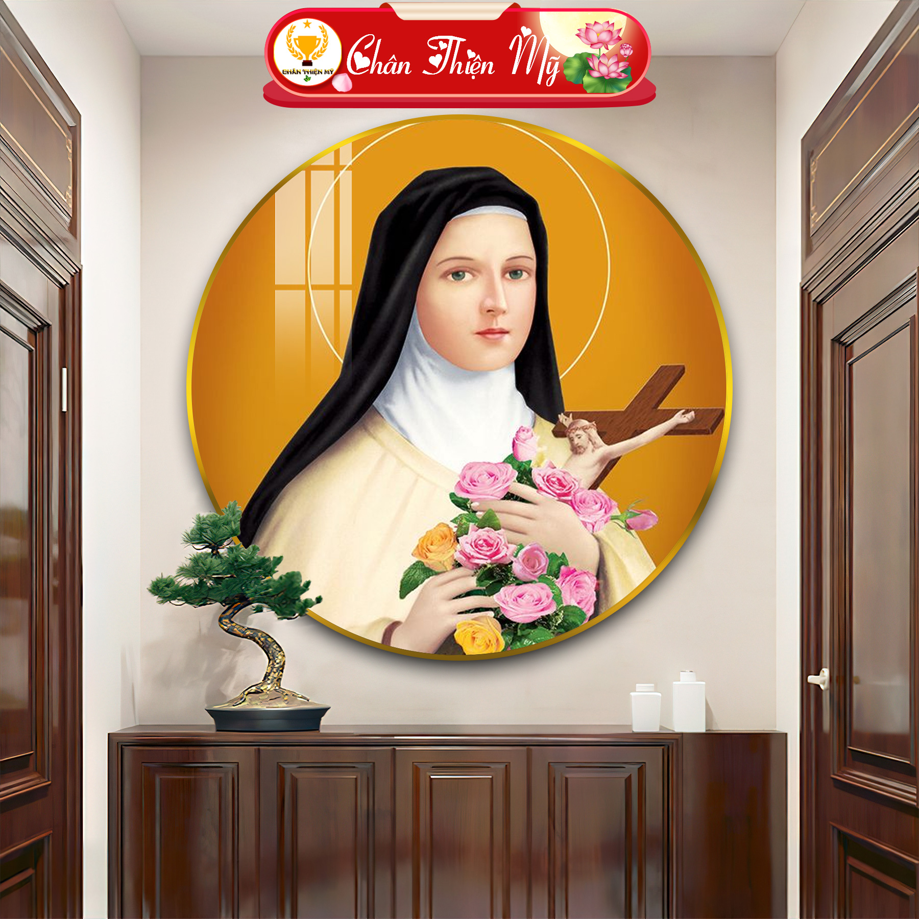 Tranh Tráng Gương Pha Lê Tròn CHÂN THIỆN MỸ, Tranh Công Giáo Treo Tường Đức Mẹ Maria TG-T1-2094