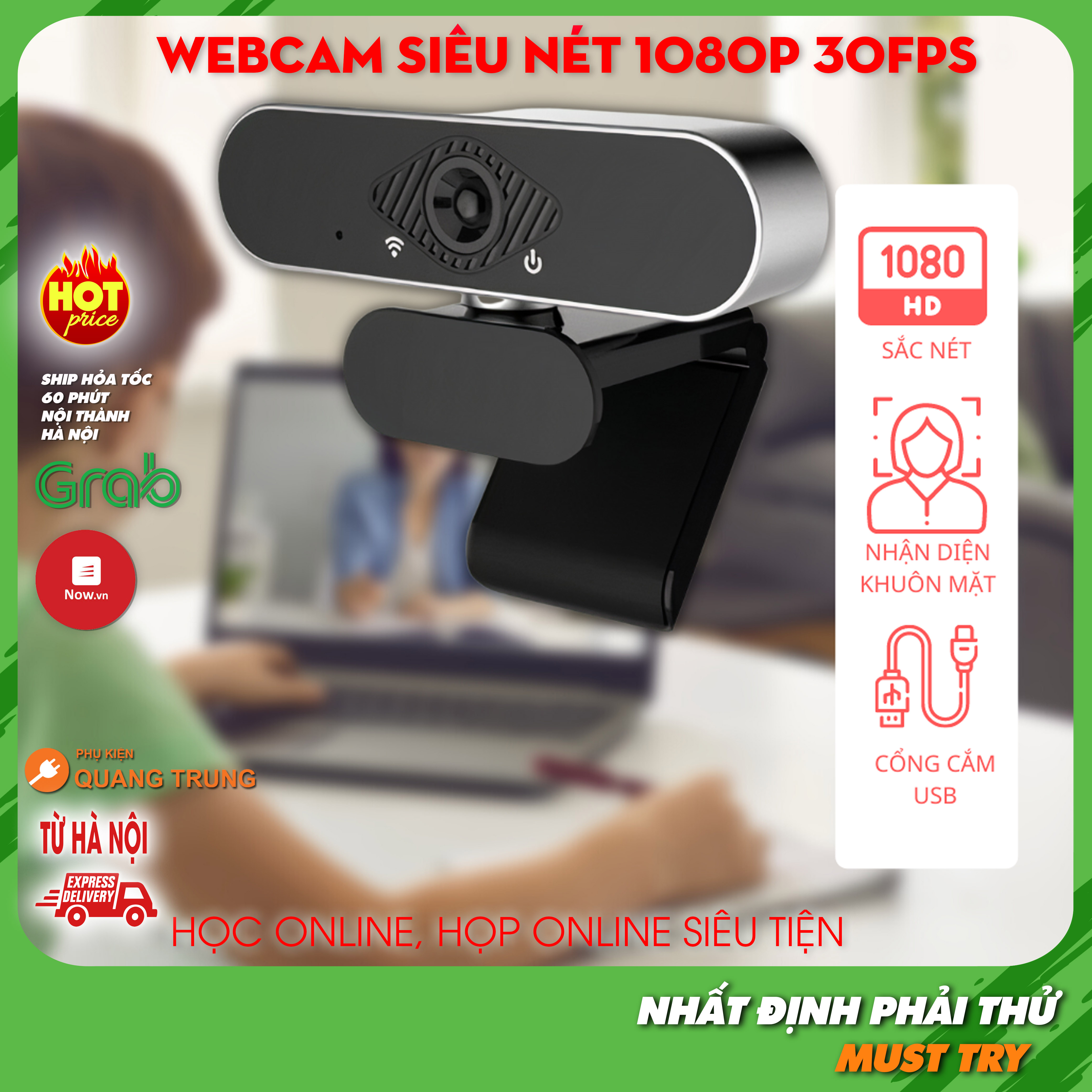 Webcam dành cho máy tính, siêu sắc nét chuẩn HD 1080p, cổng cắm usb, nhận diện gương mặt