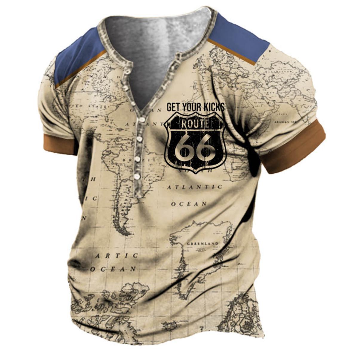 Vintage Henley Shirt V-Neck American 66 Route T Shirt Short Sleeve T Shirt For Men Oversized Tops Tee Shirt Men Punk Streetwear