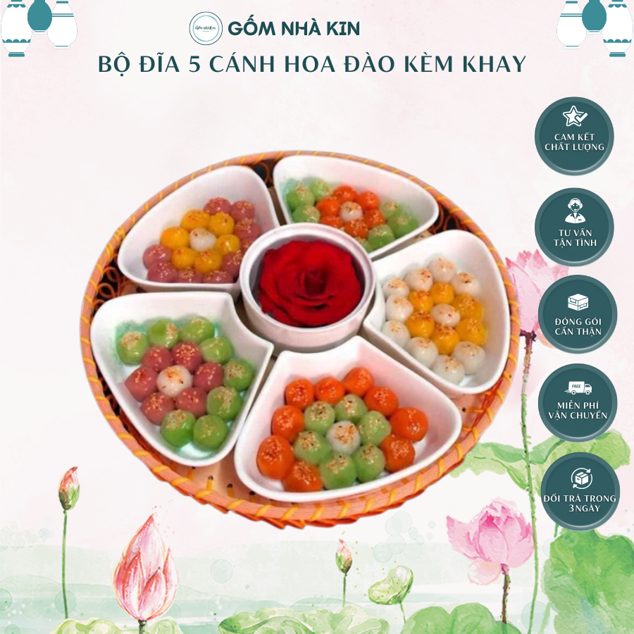 Bộ đĩa 5 cánh hoa đào sứ bát tràng kèm khay