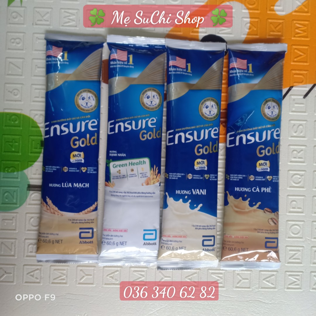 Combo 20 gói sữa Ensure Gold HMB chọn vị vani, ít ngọt , hạnh nhân, lúa mạch, cafe 60,6g cho người lớn