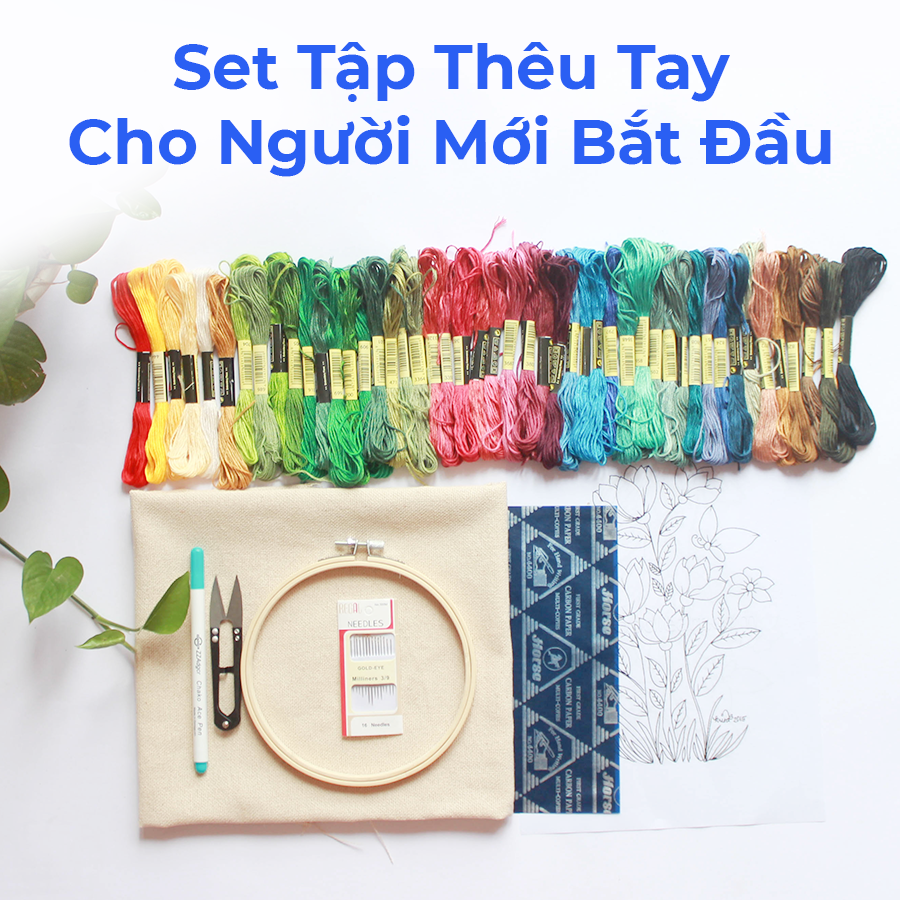 Set combo tập thêu tay thêu truyền thống đầy đủ dụng cụ cơ bản cho người mới bắt đầu