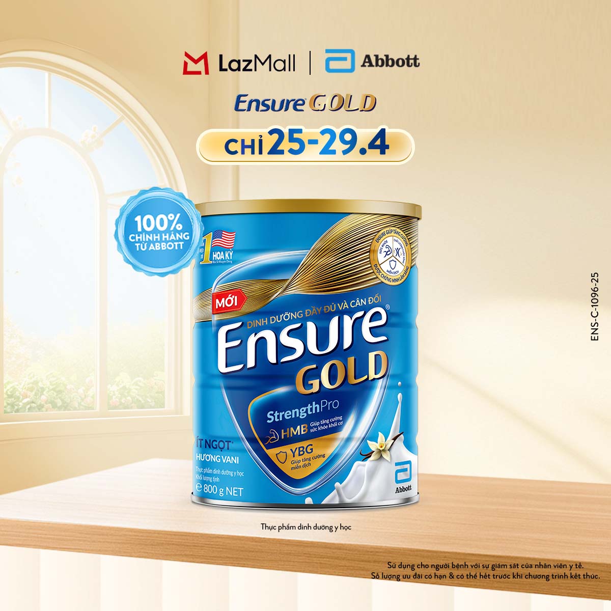 [CHỈ 25-29.04 GIÁ TỐT MUA NGAY-SLCH] Lon sữa bột Ensure Gold hương vani ít ngọt 800g