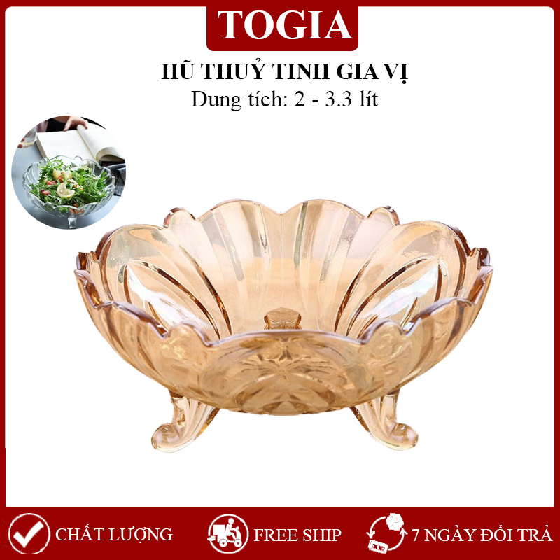 Khay Thủy Tinh Đựng Hoa Quả - Đĩa Thủy Tinh 3 Chân Đựng Hoa Quả, Thả Hoa Trang Trí Cao Cấp Size 24cm TOGIA