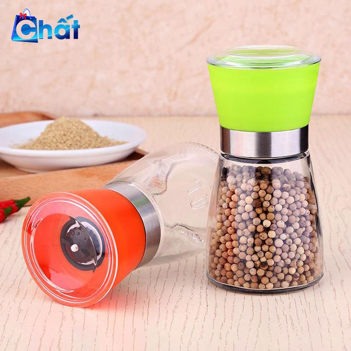 Dụng cụ xay và đựng tiêu thủy tinh nắp nhựa