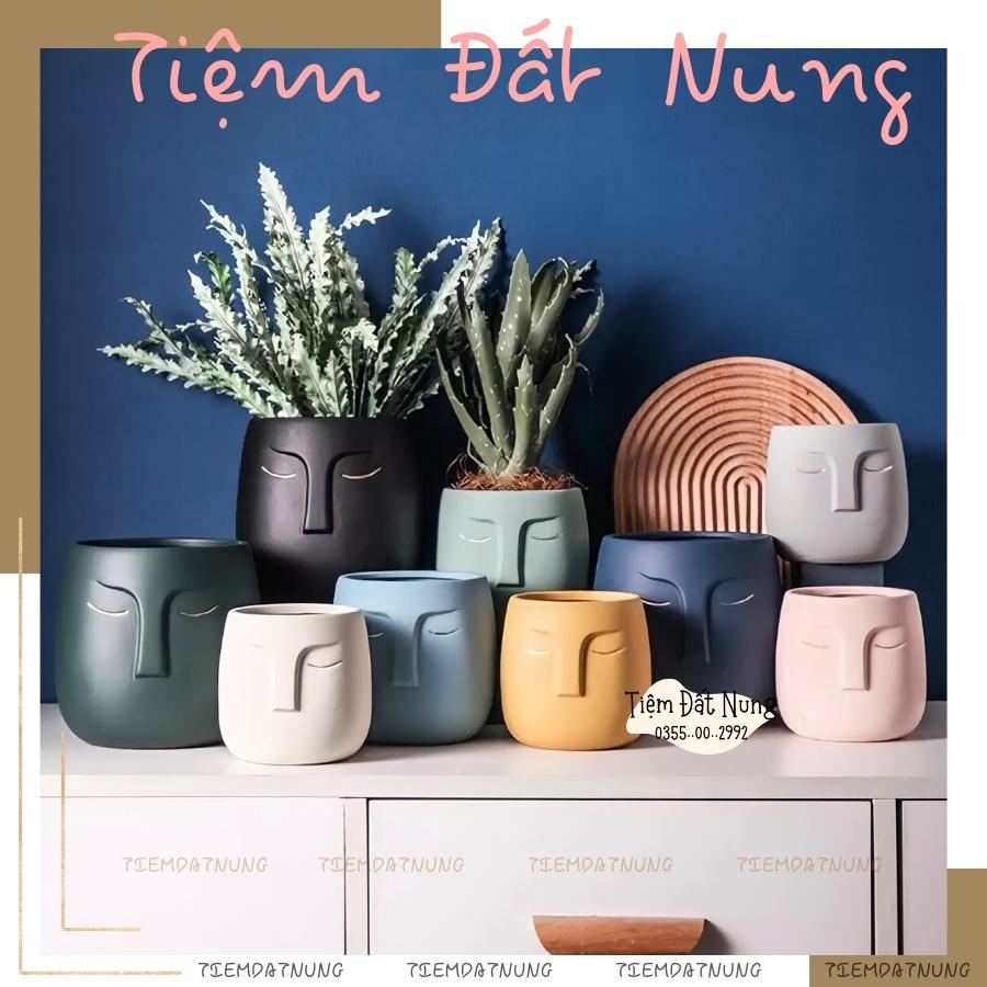 Chậu đất nung dáng mặt người màu pastel, chậu sứ sen đá, xương rồng, tiemdatnung, gốm sứ bát tràng