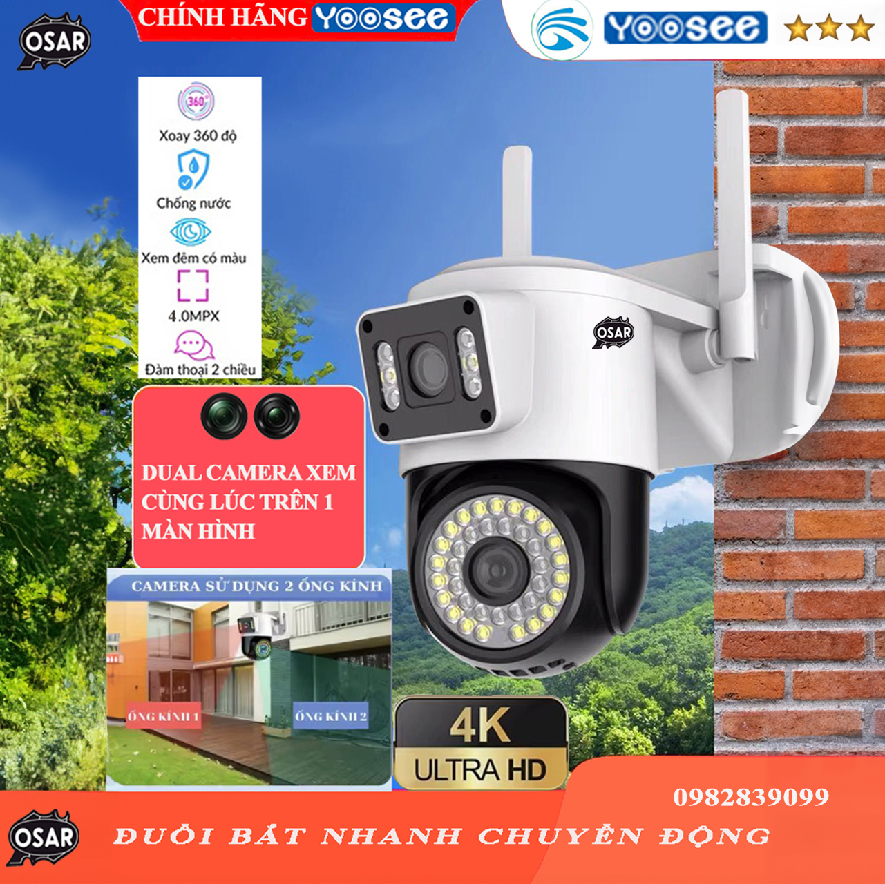 Chính Hãng Camera Wifi YooSee 2 mắt Ngoài trời Chuẩn 4.0mpx siêu nét góc rộng, ban đêm xem có màu, đàm thoại 2 chiều, Duall camera, Chống nước ,camera kép xem cùng lúc trên 1 điện thoại xoay 360 độ