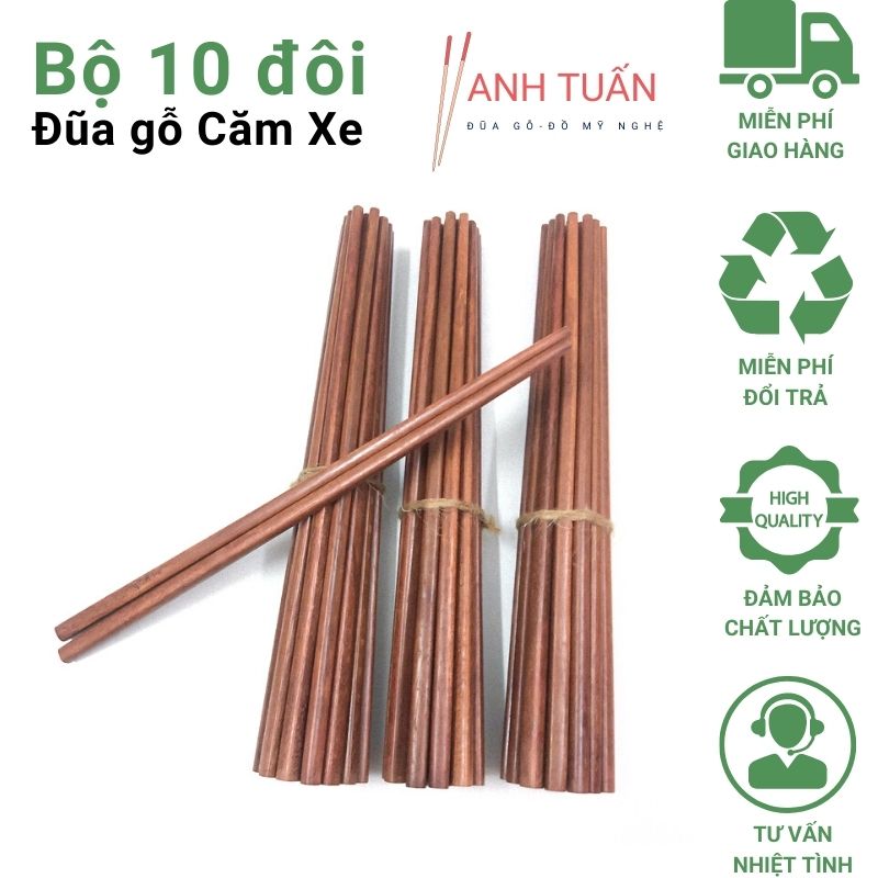 Bộ 10 đôi đũa ăn cơm gỗ CĂM XE đũa đẹp tự nhiên không cong vênh chống mốc kháng khuẩn
