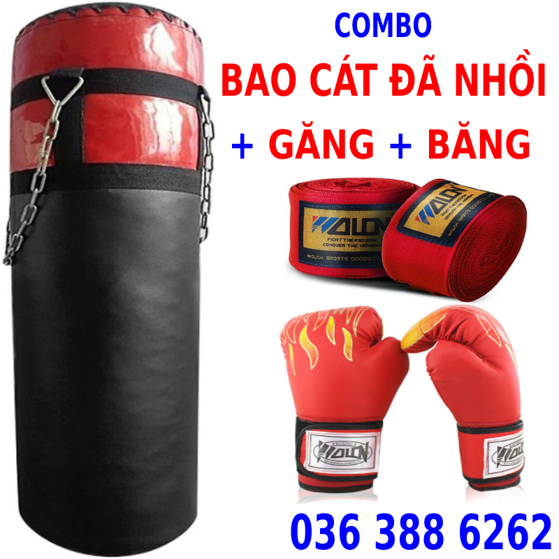 Bao cát đấm bốc boxing loại treo tường dài 70cm đến 120cm đã nhồi sẵn ruột tặng găng boxing rồng + băng đa boxing 3m - Dụng cụ tập đấm bốc boxing chuyên nghiệp