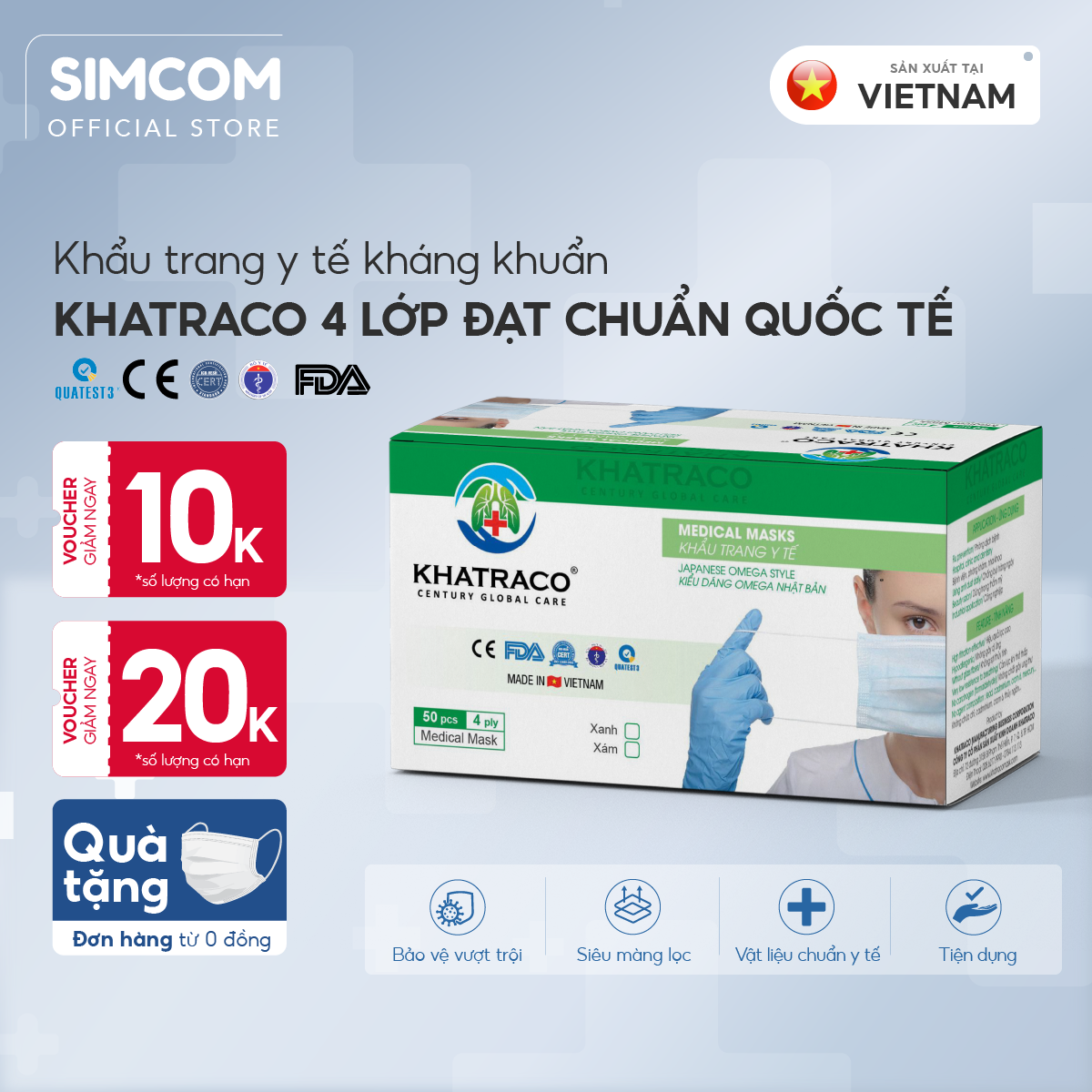 Combo 100 Khẩu Trang 4 lớp kháng khuẩn Khatraco hàng chính hãng đạt tiêu chuẩn châu âu, mềm mại, hộp 50 chiếc, tặng quà, Simcom