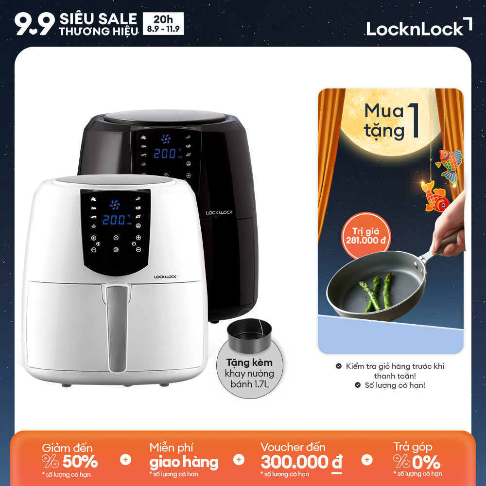 Ejf357 - nồi chiên không dầu lock&lock 5.2l - cảm ứng, 7 chế độ nấu, tỏa nhiệt đối lưu, tặng khay bánh - chính hãng - bảo hành 2 năm