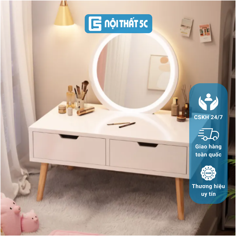 Bàn trang điểm ngồi bệt có hộc tủ, bàn phấn kèm gương kèm đèn LED hiện đại, sang trọng