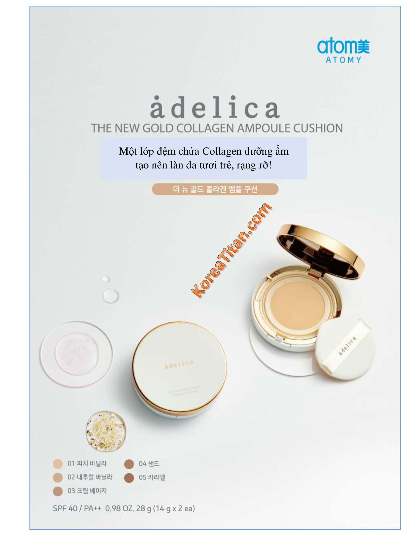 Phấn nước chứa tinh chất sợi collagen và vàng 24k lâu trôi và giảm nếp nhăn - atomy adelica the new gold collagen ampoule cushion - 애터미 아델리카 더뉴 골드 콜라겐 앰플 쿠션