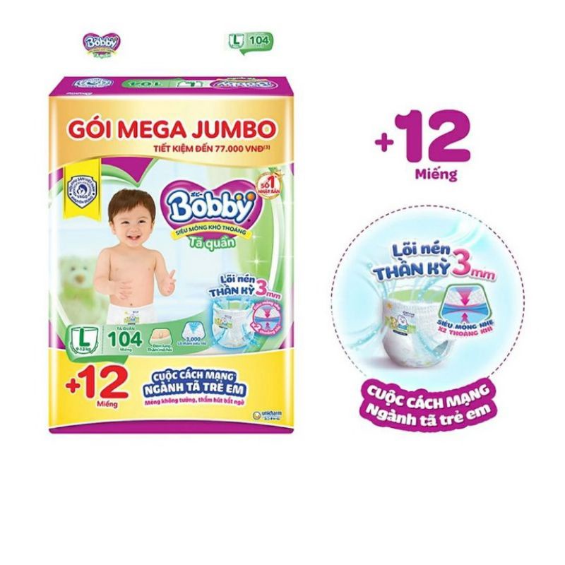 Tặng 12 miếng cùng loại tã/bỉm quần bobby 3mm mega jumbo gạo non l96 tặng khăn ướt / l96 tặng 12 miếng