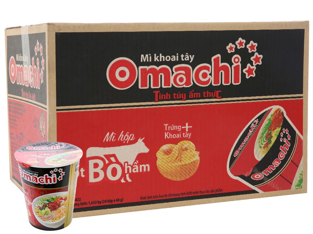 Thùng 24 ly mì khoai tây Omachi xốt bò hầm 68g