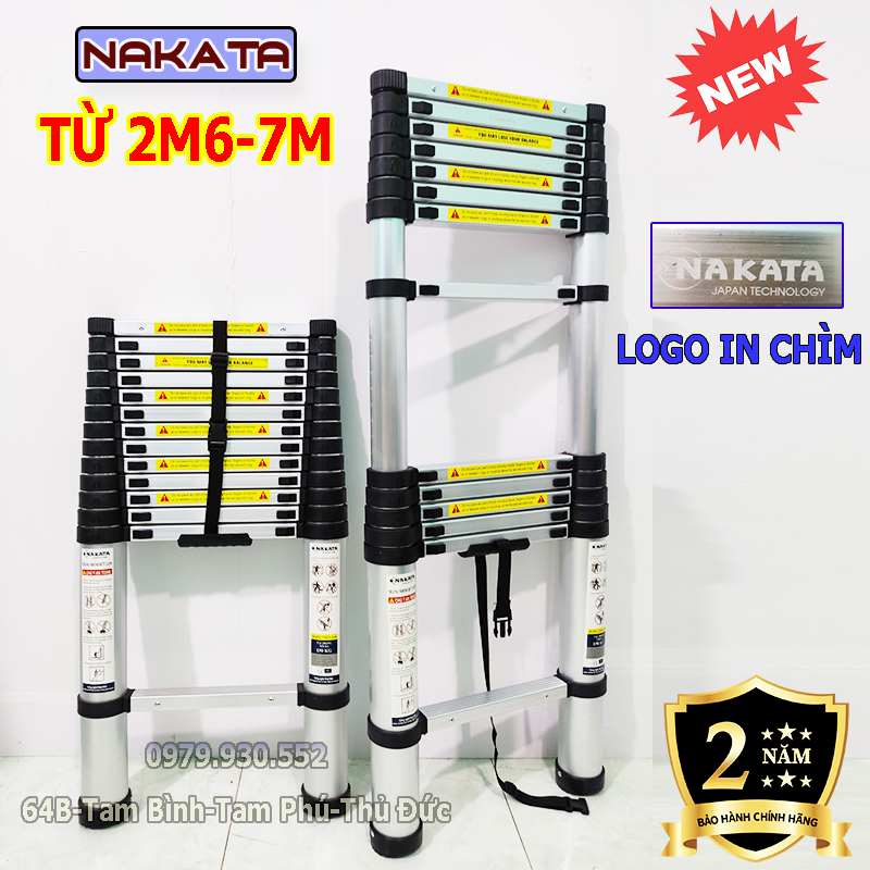 Thang nhôm rút đơn cao từ 2m6 đến 7m nakata new 2022, bảo hành 2 năm