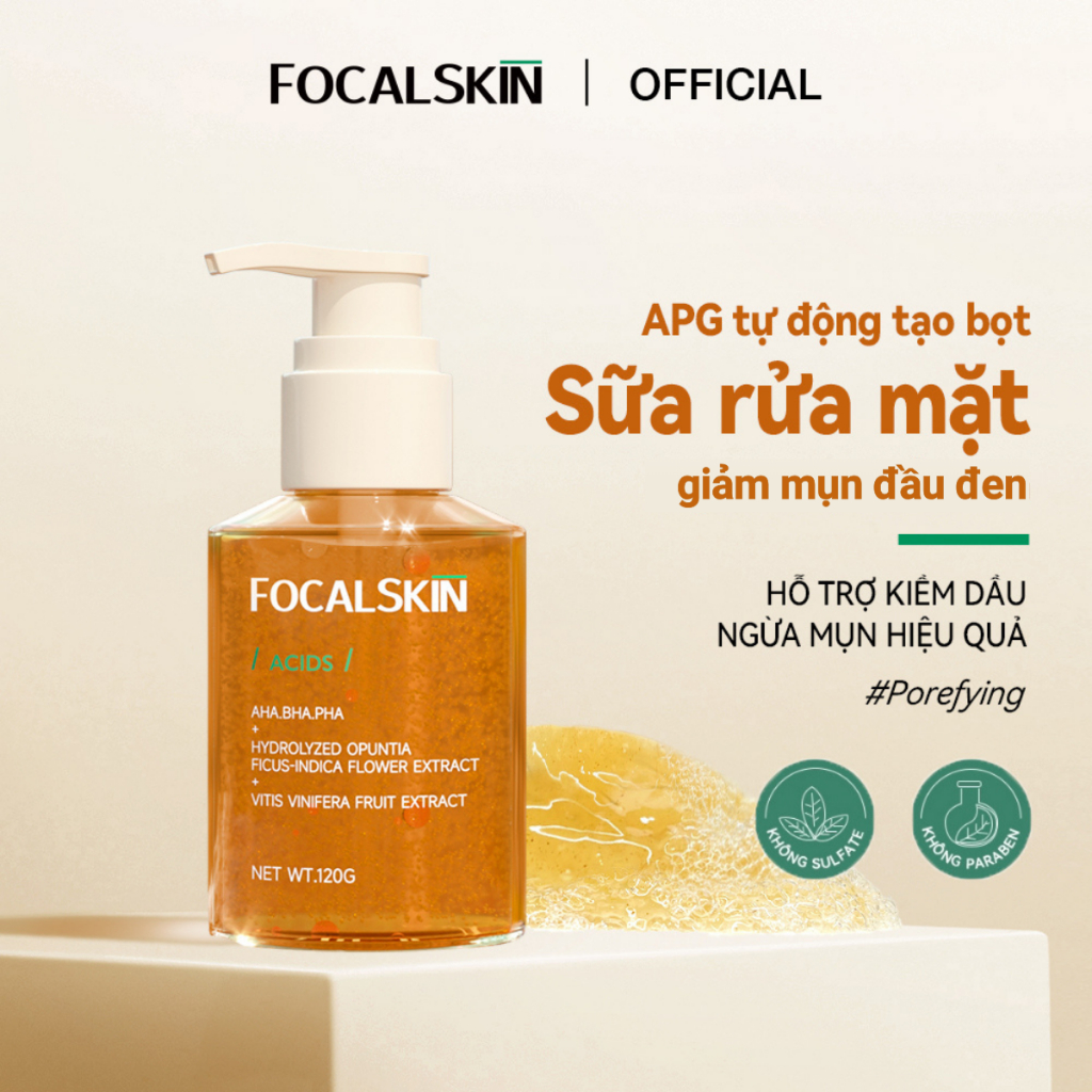  FOCALSKIN Sữa Rửa Mặt Sủi Bọt ACIDS AHA BHA PHA Làm Sạch Sâu Lỗ Chân Lông 120g 