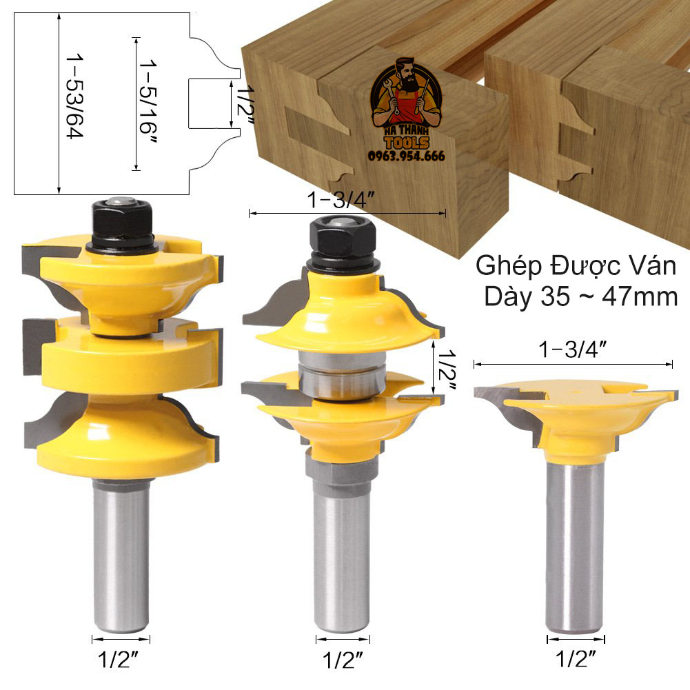 Bộ 3 mũi phay gỗ ghép mộng cửa chính cốt 12ly7 - dùng cho ván dày 35-47mm