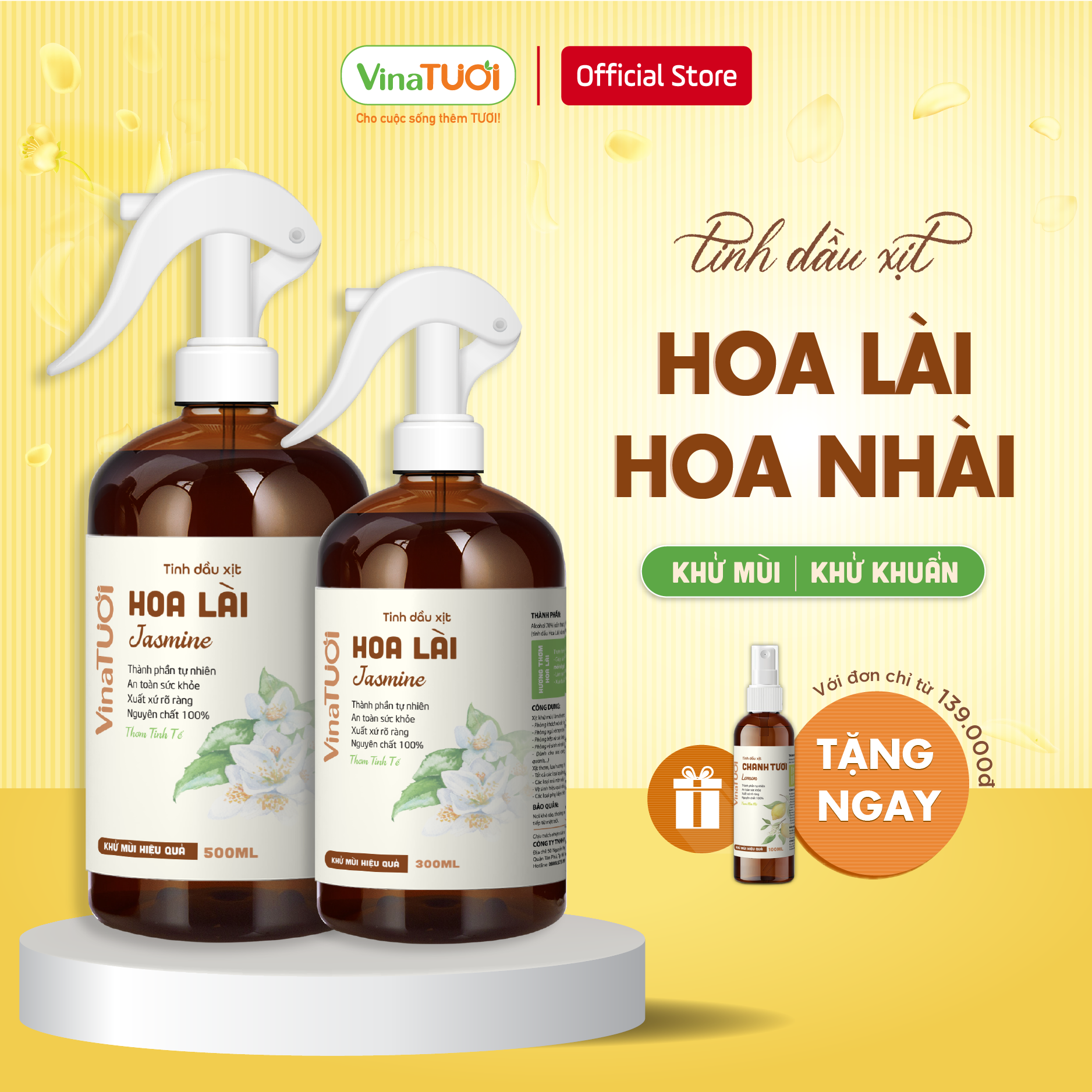 Chai xịt khử mùi phòng thơm tinh dầu hoa lài vina tươi 100ml/500ml hương thơm hoa nhài tinh tế