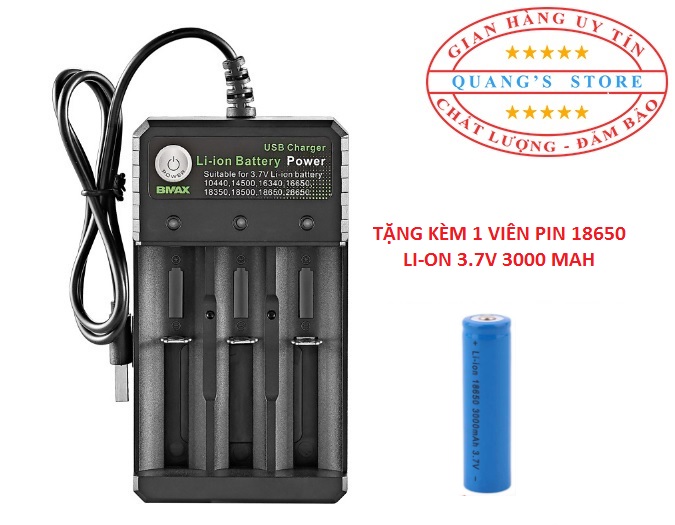 Sạc Pin Tự ngắt và có đèn báo khi đầy BMAX 3 Khe cho pin 3.7V 18650 Kèm 1 viên Pin 18650 dung lượng 3000 mAh