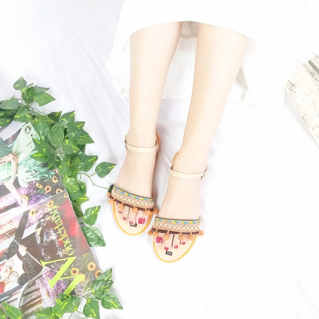 Dép sandal thổ cẩm nữ màu da phong cách vintage - rentro