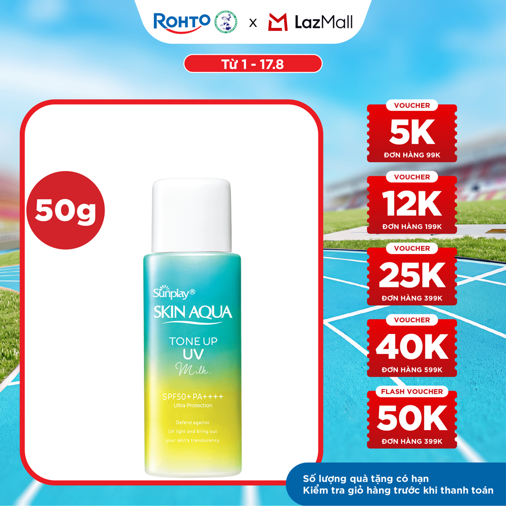 Kem chống nắng nâng tông Skin Aqua Tone up  Mint Green cho da trắng có khuyết điểm đỏ, dạng sữa Sunplay Skin Aqua Tone Up UV Milk Mint Green SPF 50+ PA++++ 50g
