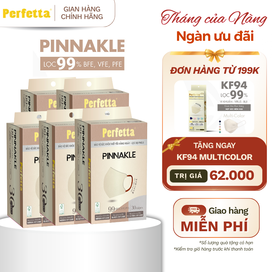 (TẶNG KF94 ĐH 199K) Combo 5 Hộp Khẩu Trang Cao Cấp Perfetta Pinnakle, 3 Lớp Kháng Khuẩn, Chuẩn From 5D (30 cái/hộp)