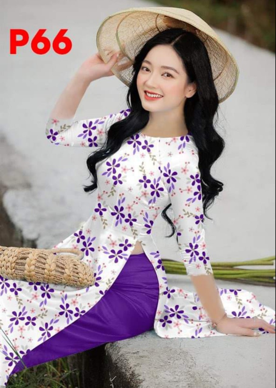 Áo dài hoa nhí tím cổ tròn tay lở