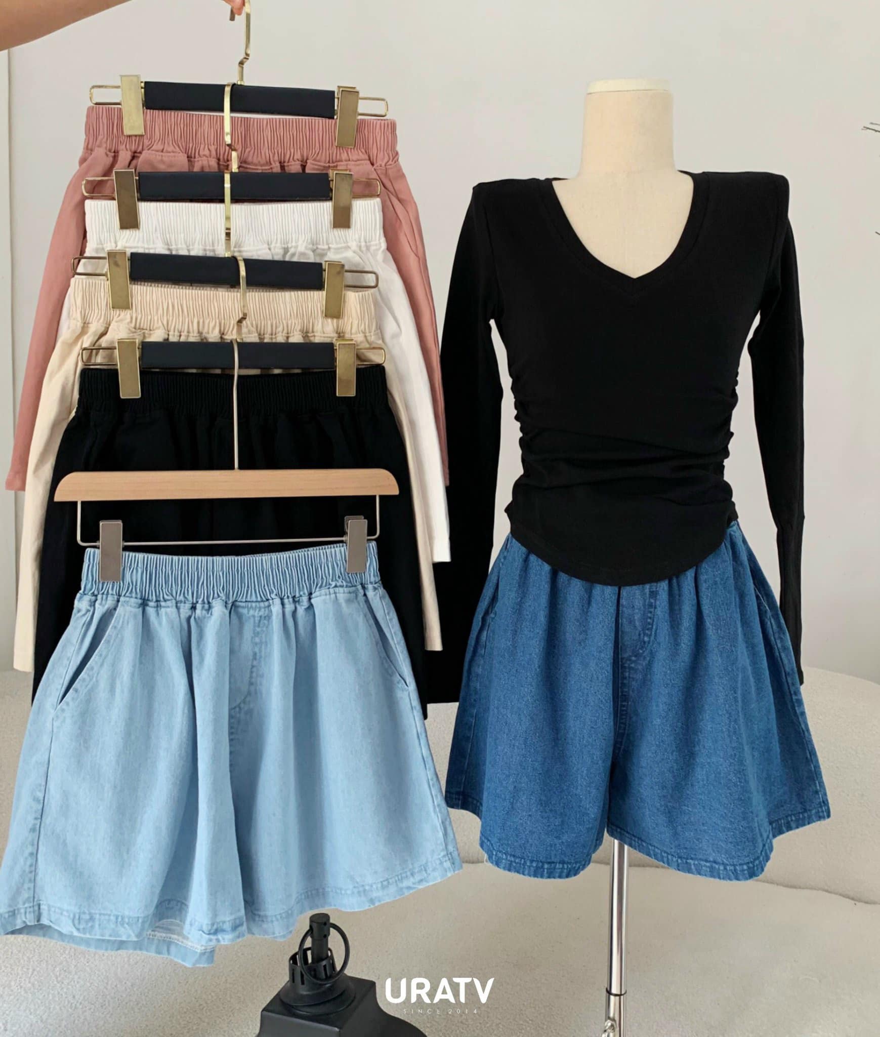 Quần short jeans màu ống rộng lưng thun Freesize 40-65kg