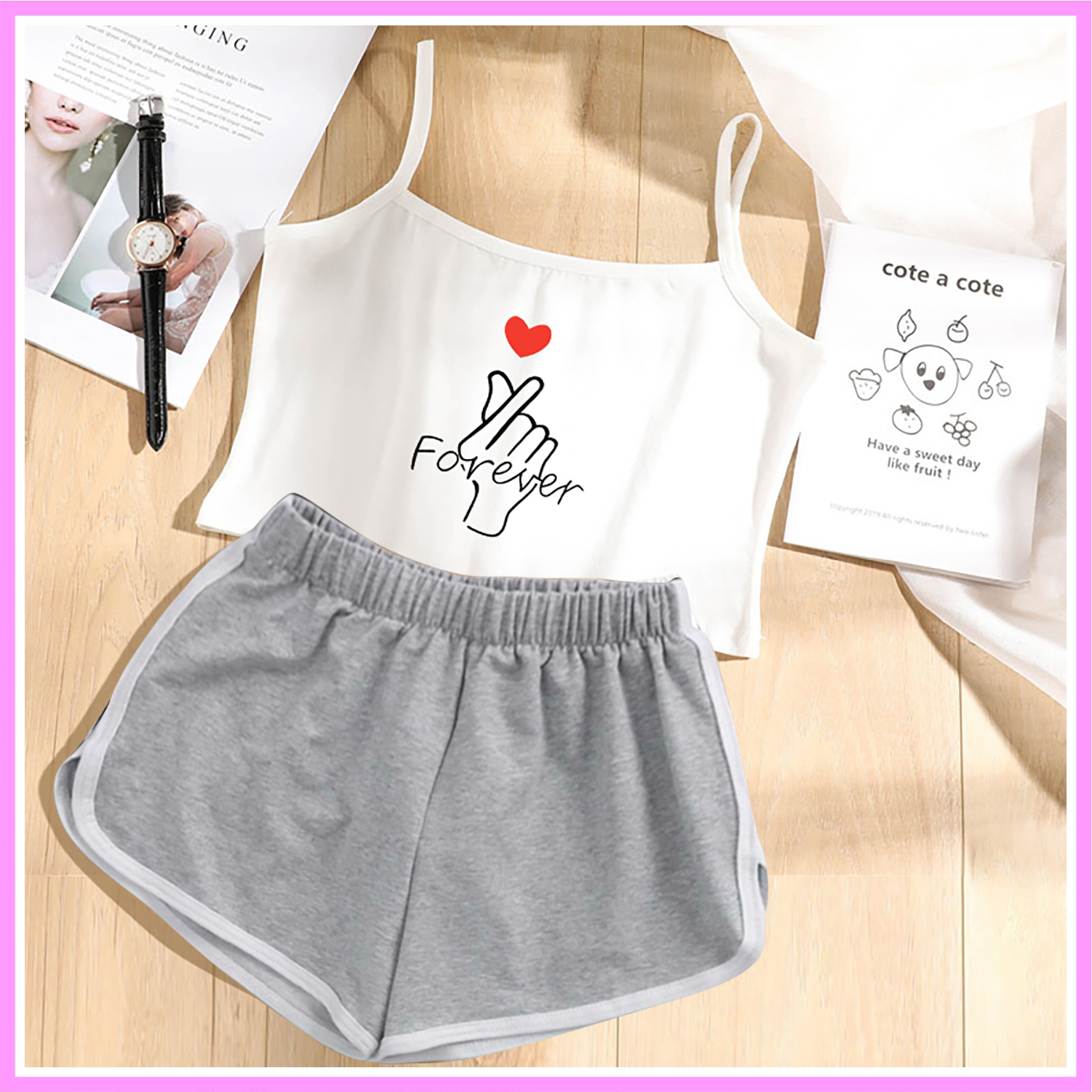 DB032 - Bộ đồ mặc nhà nữ áo 2 dây quần đùi thun cotton dễ thương, có thể làm đồ đi chơi dạo phố, làm đồ mặc đi ngủ. Áo thun cotton nữ mùa hè. Thời Trang Macmot