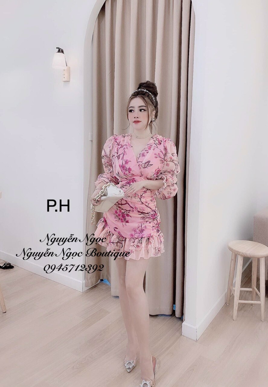Đầm hoa body đuôi cá cổ đắp chéo tay lỡ