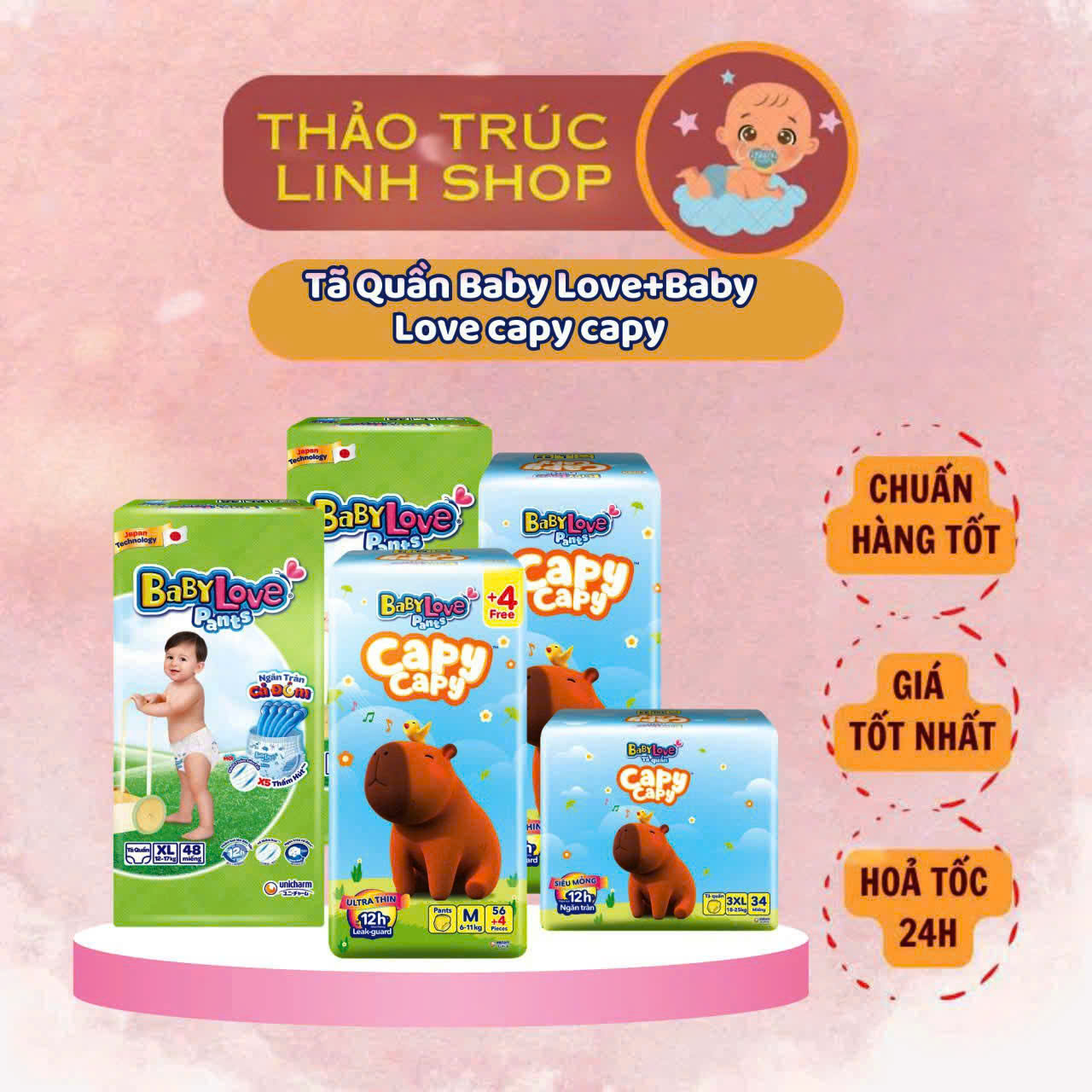 (2 gói tặng khăn ướt) Tã quần Baby Love Capy - Bỉm quần thiết kế chữ T, chống tràn, khô thoáng đủ size cho bé từ 6kg đến 35kg