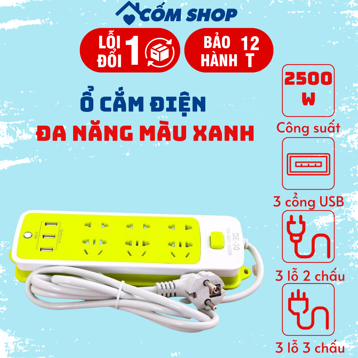 Ổ điện xanh đa năng có 3 cổng usb cắm sạc tiện lợi có 6 ổ