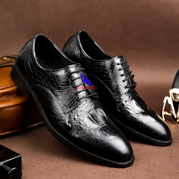 Giày tây nam da bò mũi ngắn Giày Công Sở nam buộc dây Patina da bò dập vân cá sấu Giày cho người kinh doanh doanh nhân giày cưới Đẹp Giày đi chơi  dự tiệc Thời trang Cao cấp thương hiệu Giá rẻ  độc đáo B-18 màu đen