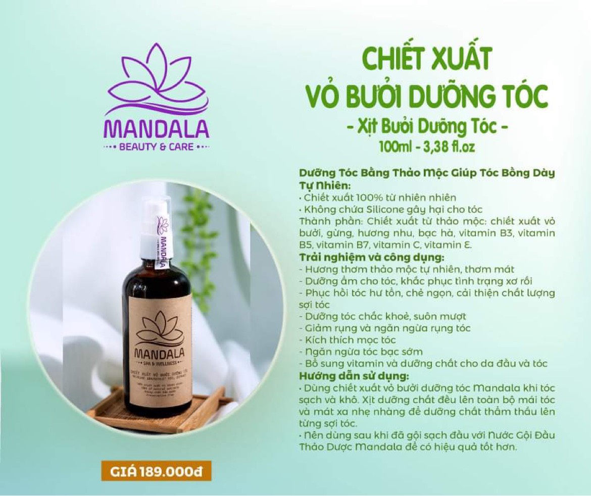 Xịt dưỡng tóc, chiết xuất vỏ bưởi, nuôi, kích thích mọc tóc mandala