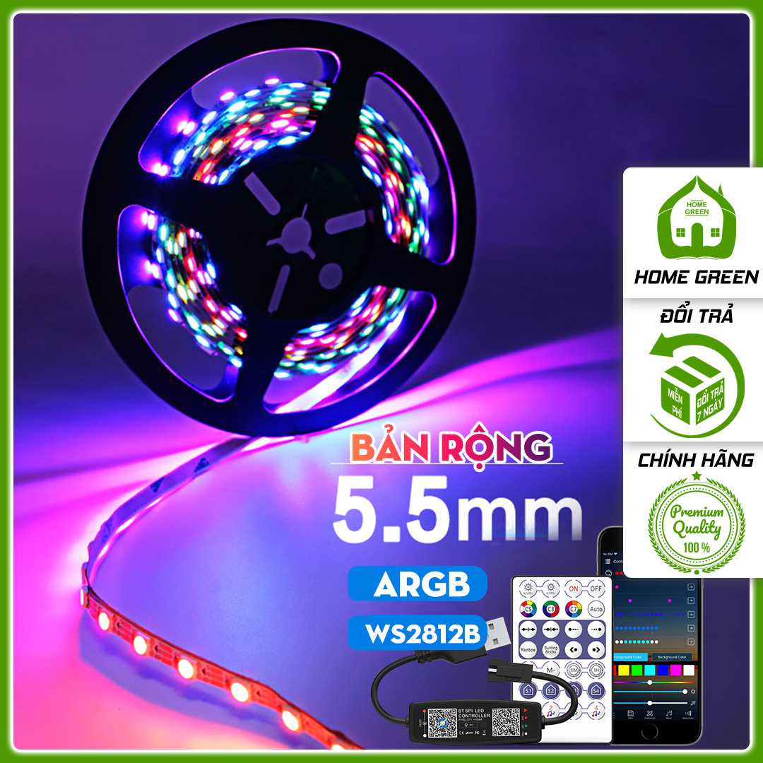 Đèn led dây dán ws2812b argb bản rộng 5,5mm mỏng 2mm điện áp 5v 60 led/m