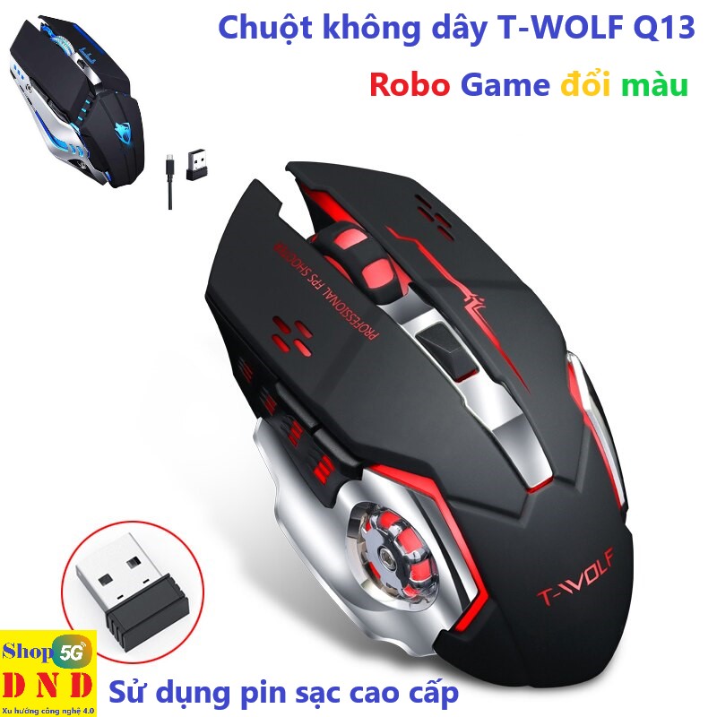 Chuột không dây T-WOLF Q13 sử dụng pin sạc lại, có khả năng đổi màu liên tục, tầm xa 10M chuẩn. Thiết kế hiện đại thể hiện sử chuyên nghiệp của bạn