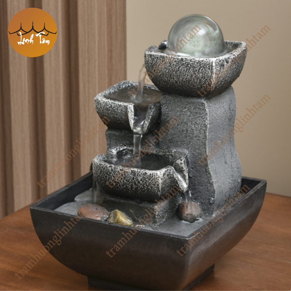 Thác nước phong thủy để bàn cối đá ba tầng tài lộc tặng kèm máy bơm và cầu thủy tinh