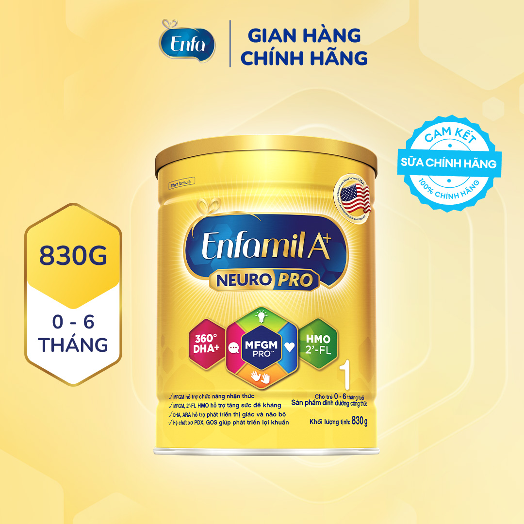 Sữa bột Enfamil A+ NeuroPro 1 Vị thanh mát 2'FL HMO với dưỡng chất DHA  MFGM cho trẻ từ 0 – 6 tháng tuổi– 830g