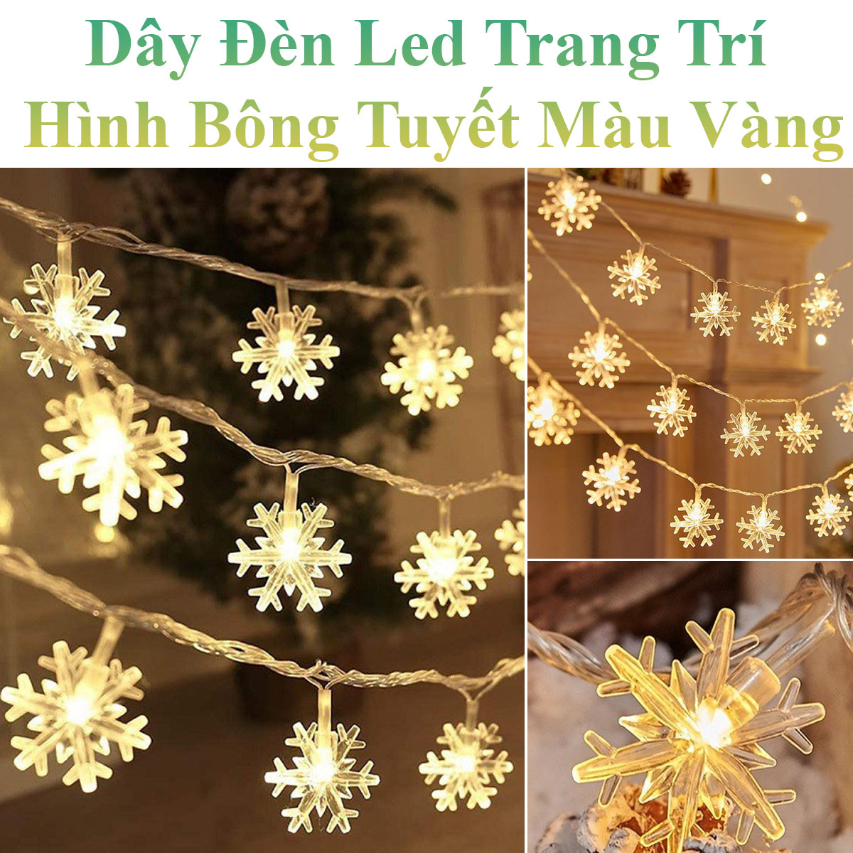 Dây Đèn Led Hình Bông Tuyết Màu Vàng Dài 4M Trang Trí Cây Thông Noel, Sân Vườn, Ban Công