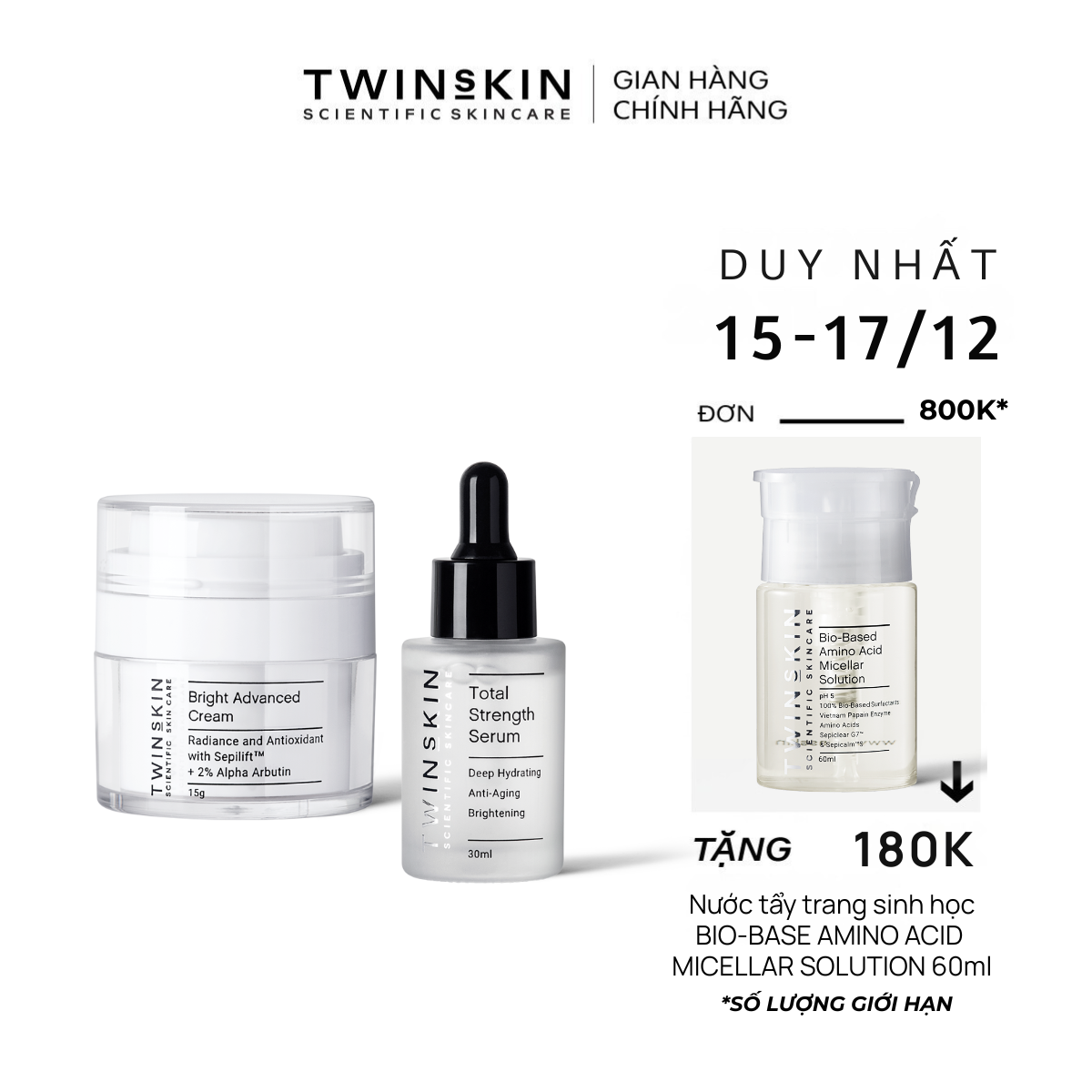   PRO-TỐI ƯU  Combo chuyên sâu: Sáng đều màu da cấp nước phục hồi Kem Bright Advanced 15ml & Serum HA 30ml Twins Skin 